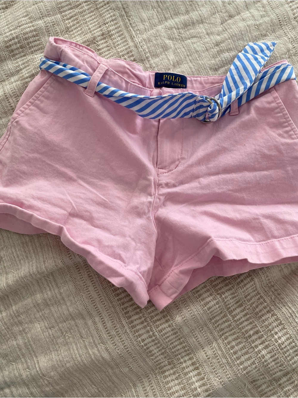 Ralph Lauren Pink Cotton Chino High-Waist Shorts with Blue Stripe Tie
